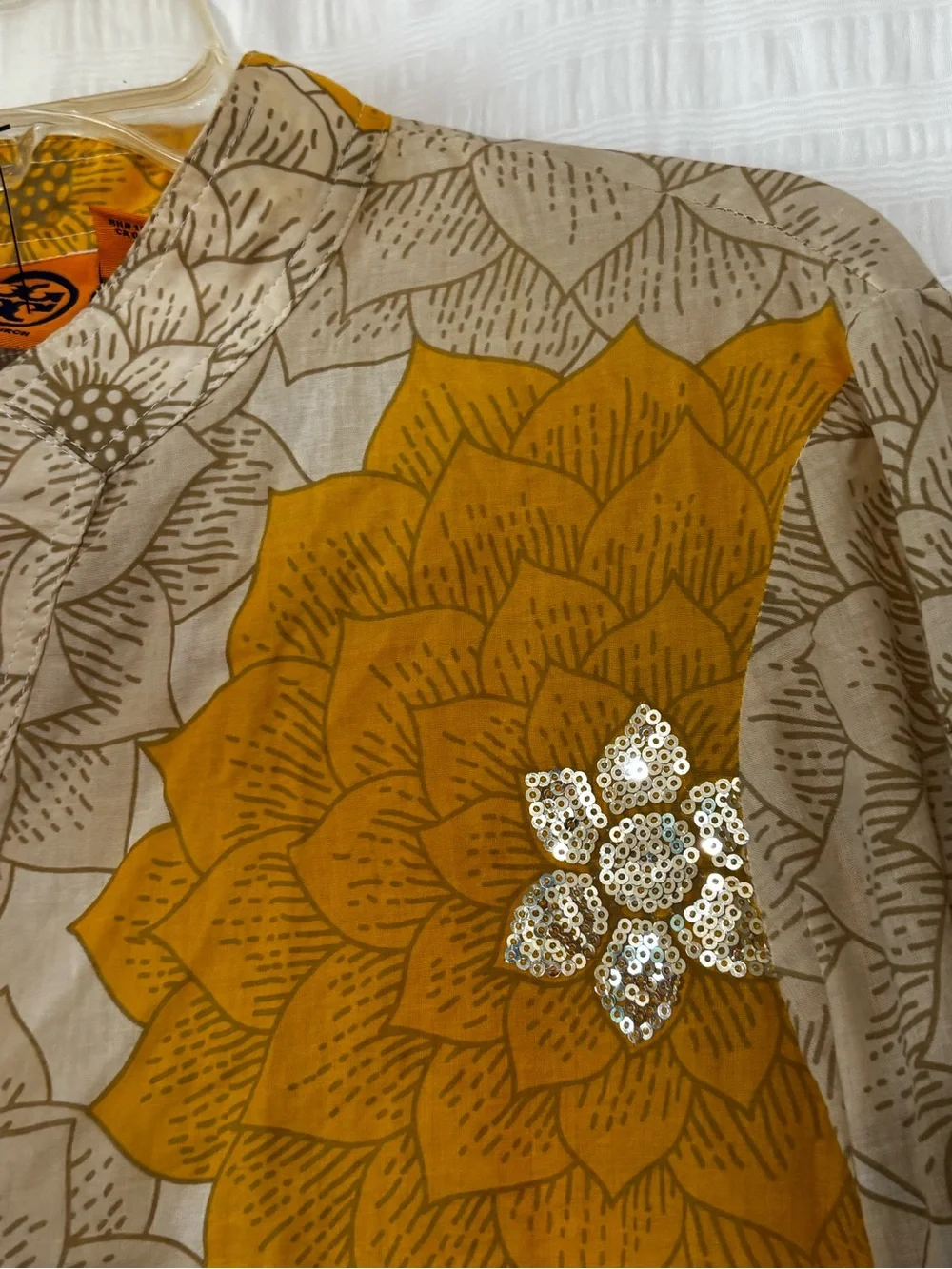 Tory Burch Floral Mustard & Silver Sequin Cotton Tunic Blouse Top Sz 10